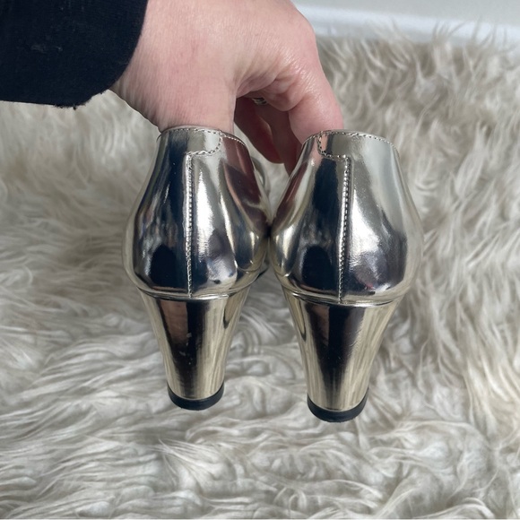 Chanel Interlocking CC Logo Metallic Mary Jane Wedge Pump Gold Black Pointed Toe - Picture 7 of 14